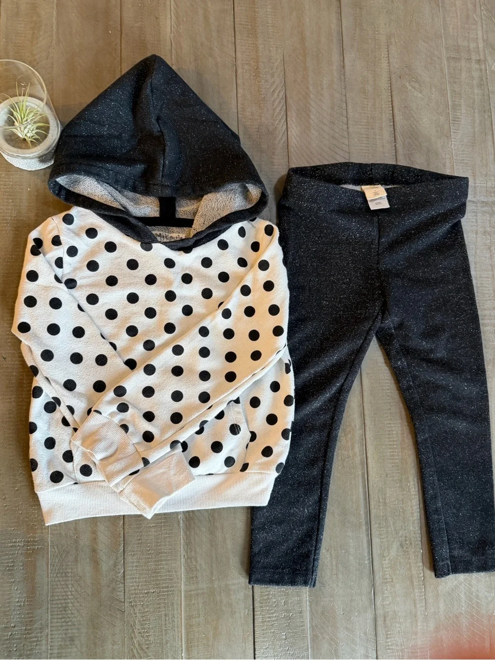 Tucker + Tate Black Polka Dot Hooded Matching Set with Silver Metalic Accents